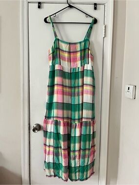 LOFT Petites Plaid Midi Sundress Pink Green Sleeveless Tiered Dress LP